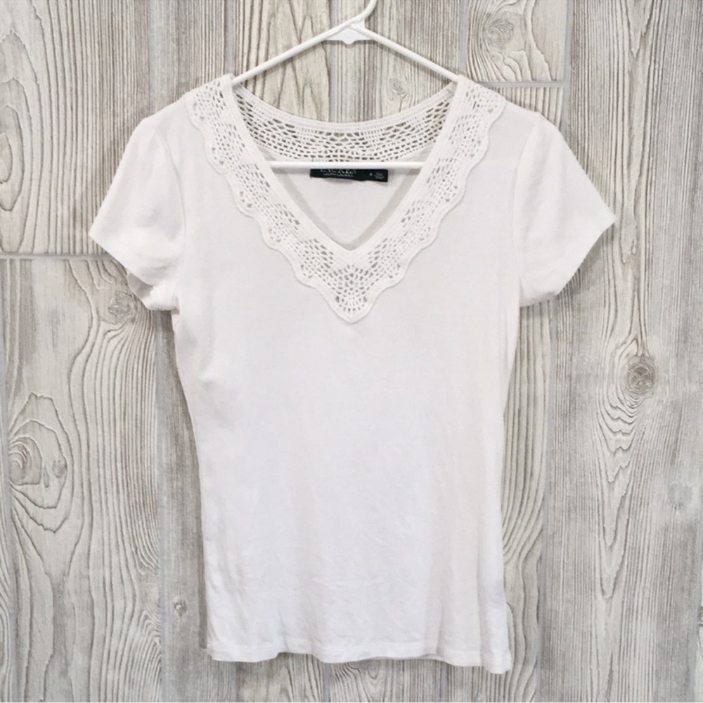NWOT Lauren Ralph Lauren 100% Cotton Crochet Trim V-Neck Tee Size XL in White